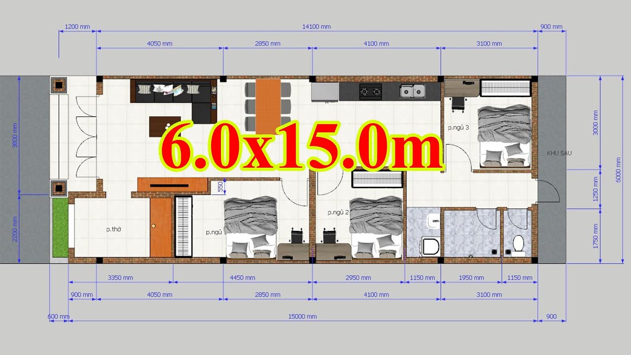 Bố trí 6x15m 3 phòng ngủ tiện nghi cho bà con tham khảo | Nhà 3D | Simple house
