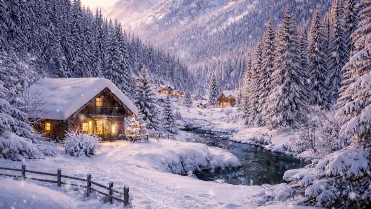 Snowy Mountain Cabin Night ❄️ Blizzard & River Sounds | 5 Hour Deep Sleep Ambience