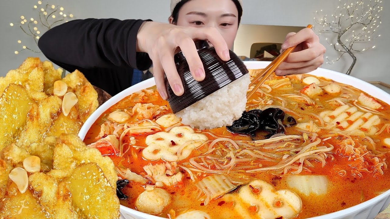 ASMR 마라탕에 밥 말아서 먹어봤어요? 마라탕 꿔바로우 리얼먹방 :) Malatang , Sweetheart MUKBANG