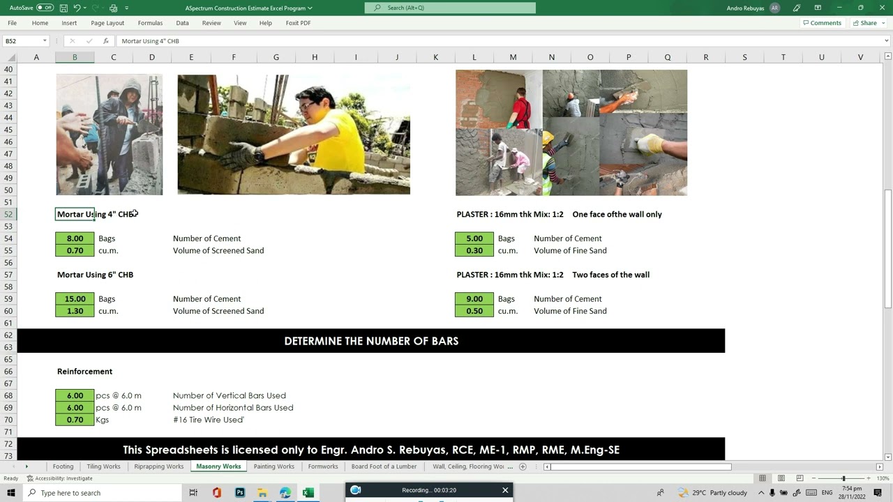 ESTIMATING CHB, CEMENT, SAND AND REINFORCEMENTS FOR MASONRY WORKS