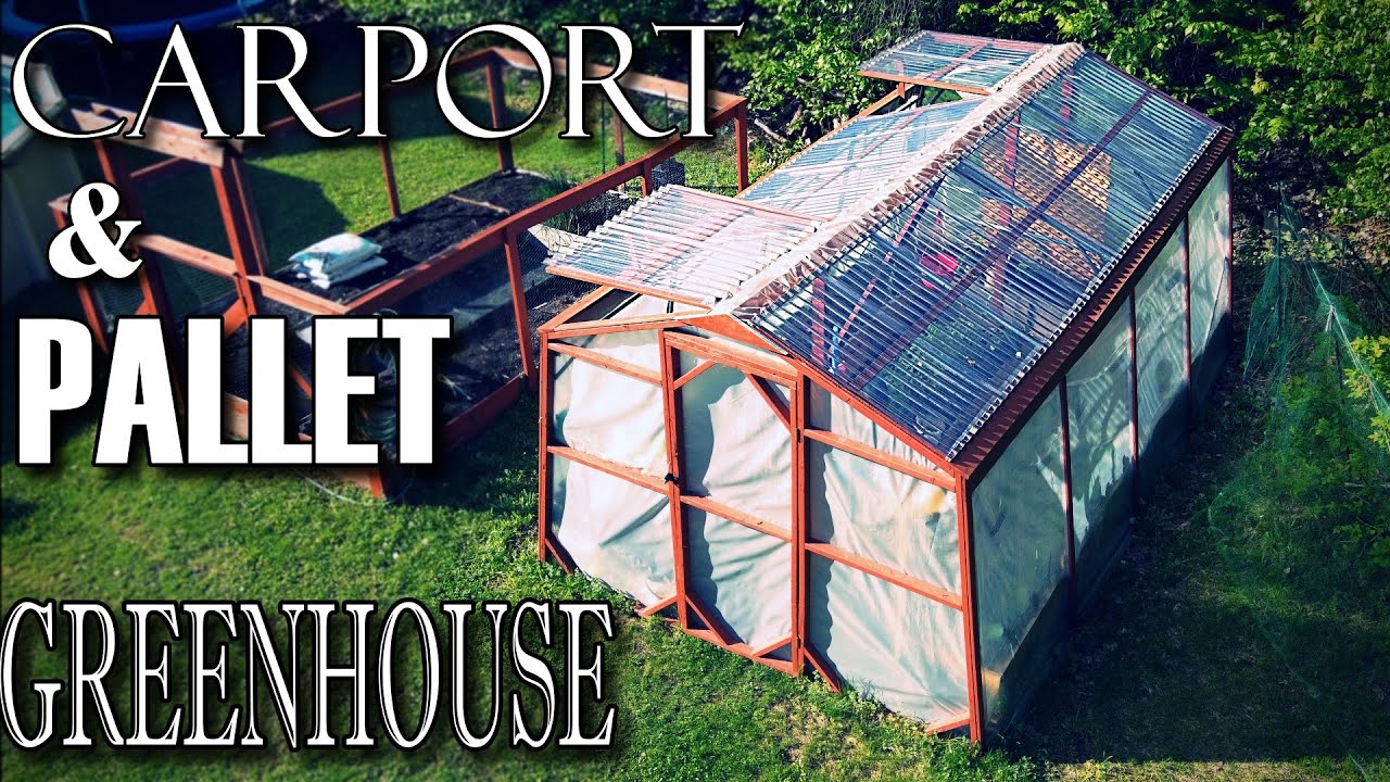 DIY GREENHOUSE, made out of an old carport and pallet wood