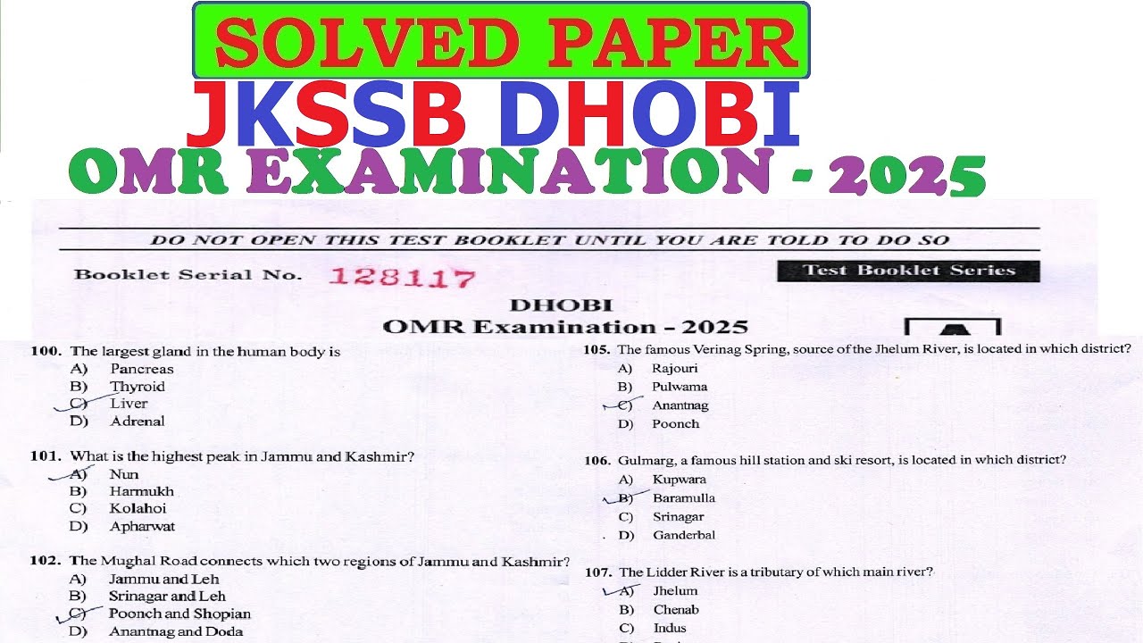 FULLY SOLVED PAPER OF JKSSB DHOBI 2025 WITH ANSWER KEY EXAM CONDUCTED ON 13TH JULY 2025