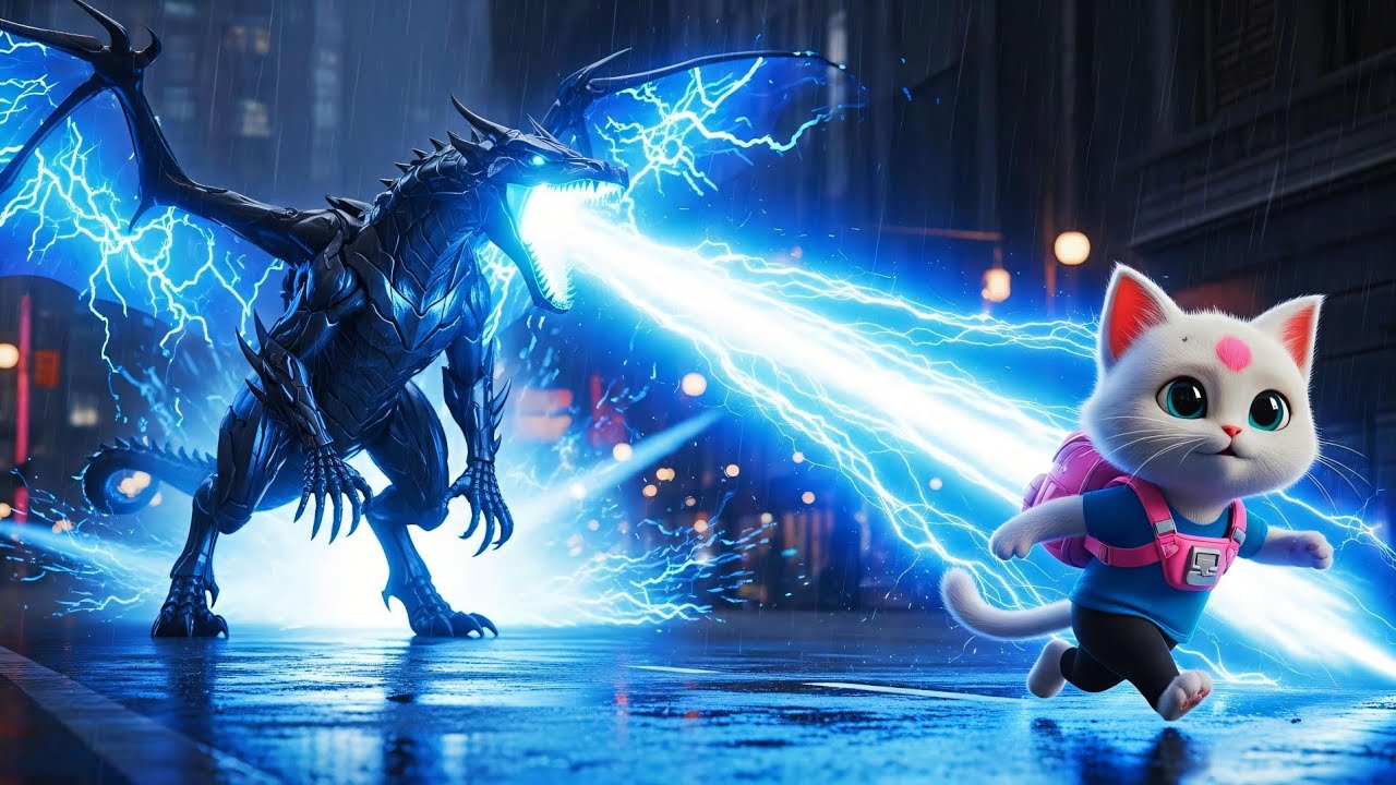 Cyber Dragon Attack | Neon City Cat vsElectric Dragon |Epic Sci-Fi Animation