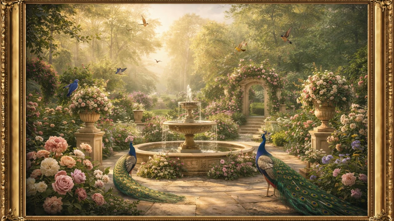 Relaxing Garden with Birds🕊️Peaceful Fountain&Nature Sounds|Calm Morning Ambience 4K @Tvartframe2