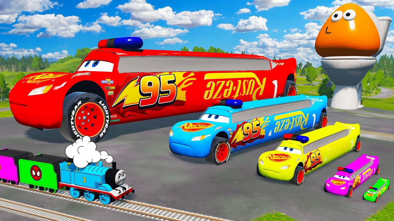 Funny Car vs Fat cars | Big & Small Long Police McQueen Monster Truck vs Thomas Train - BeamNG.Drive