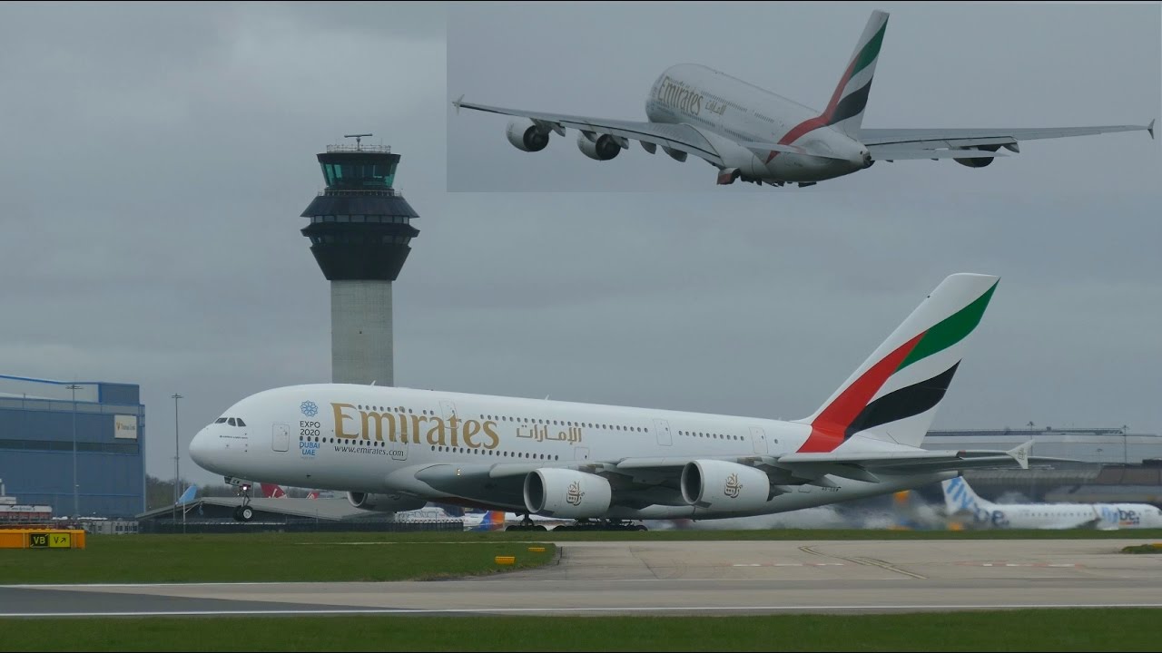 Emirates A380 Pushback, Taxi & Takeoff - Manchester Airport 4K