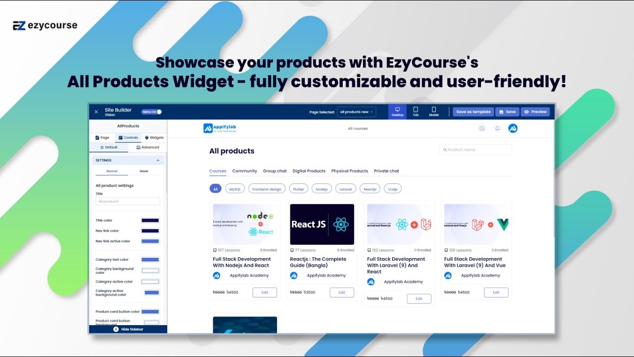 Edit all products widget and customise text and different types of products | Online course platform