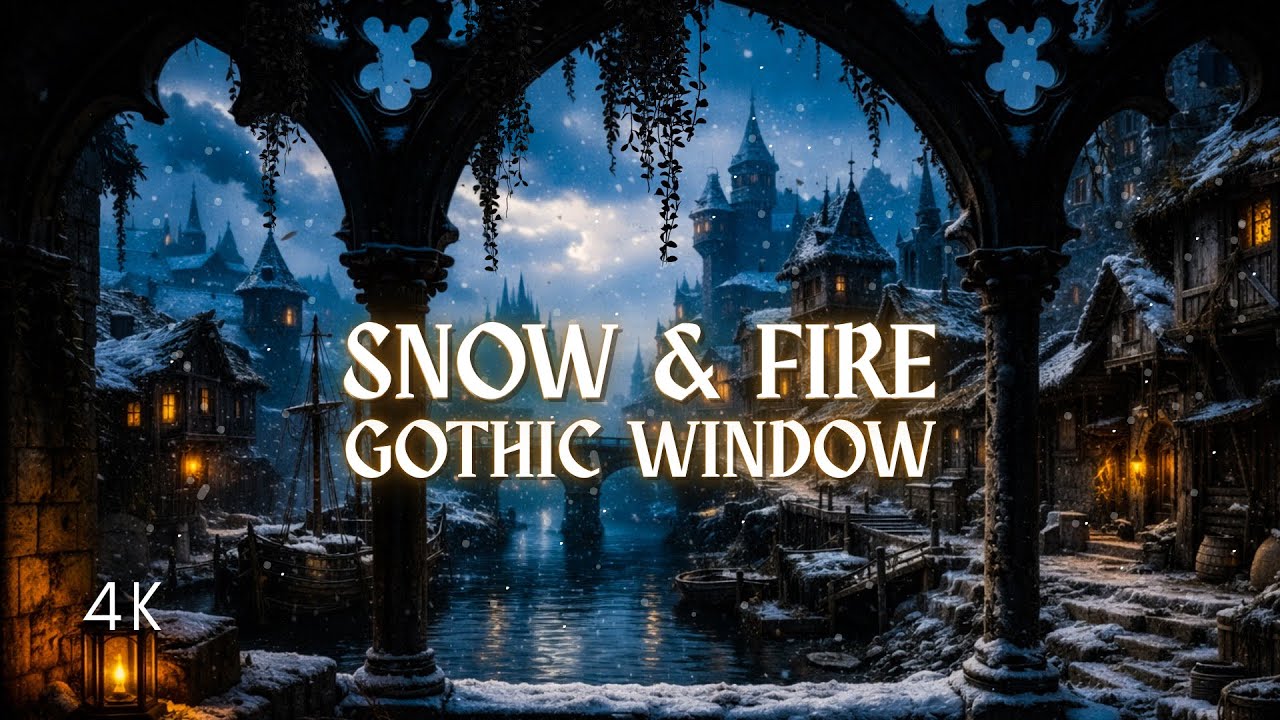 GOTHIC WINDOW HARBOR Projection: SNOW & FIREPLACE ❄️ 4K Fake Window Ambience for Sleep, Study, Focus