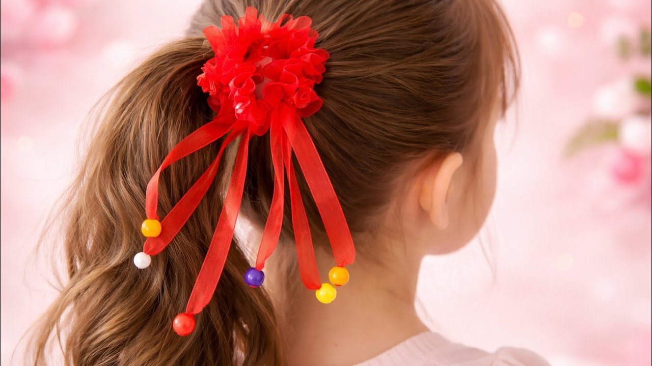 Pearl Ribbon Scrunchie Hairstyle | Ponytail Hair Accessory for Girls 🌸