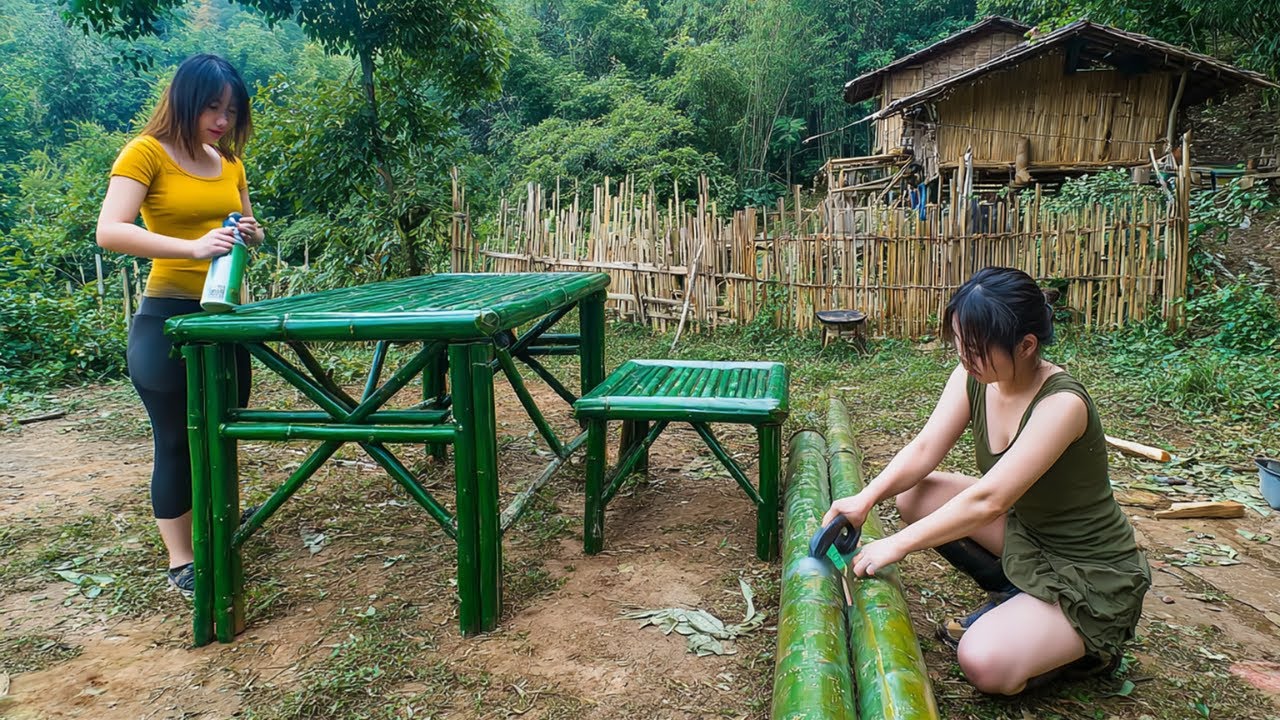 Skilled Girl Builds Bamboo Tables, Chairs & Beds | Alone Constructing a 2 Story House