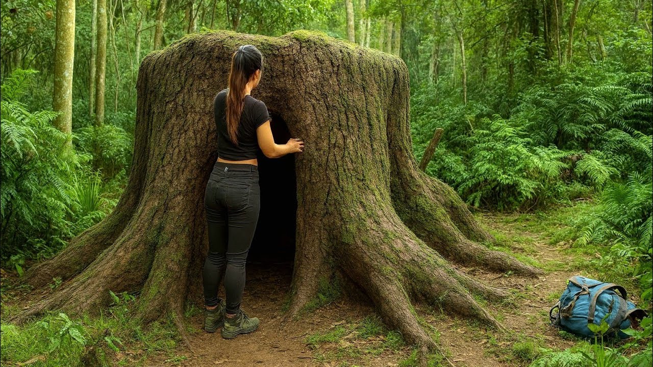 Build a camouflage shelter , giant tree stump - survive alone
