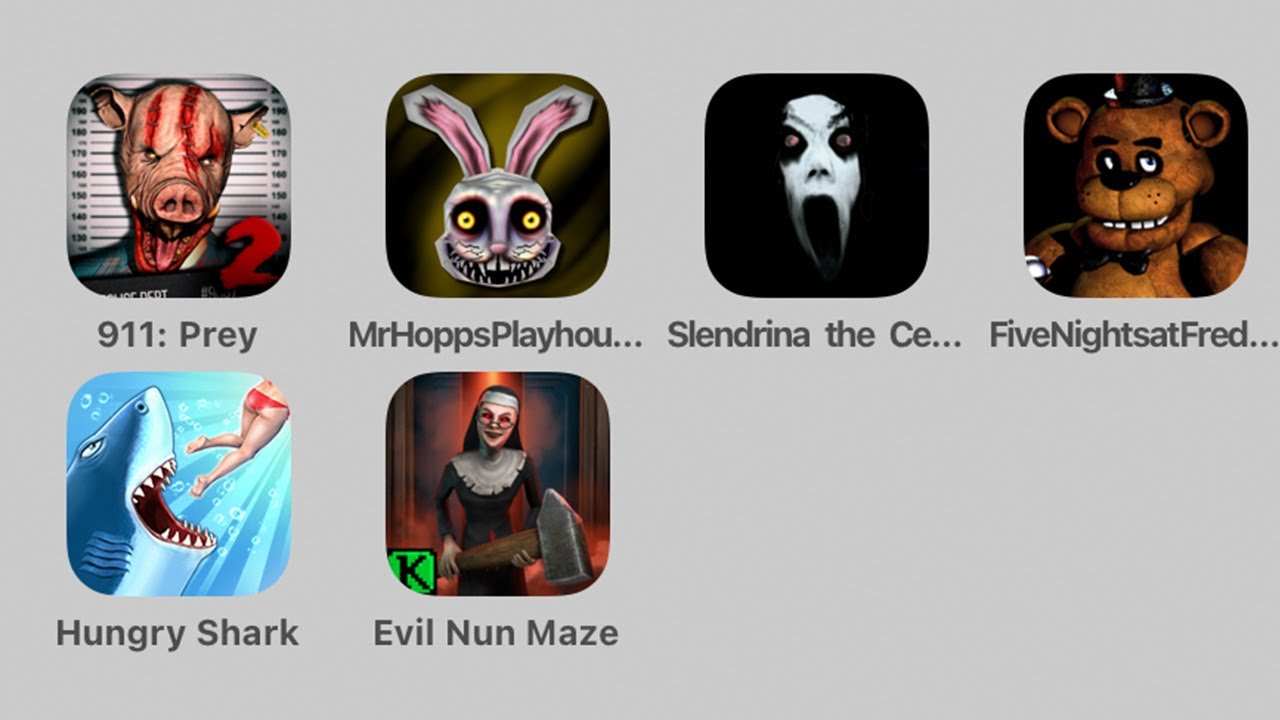 911 Prey,Mr. Hopps Playhouse 3,Slendrina The Cellar,Five Nights at Freddy's,Hungry Shark Evolution