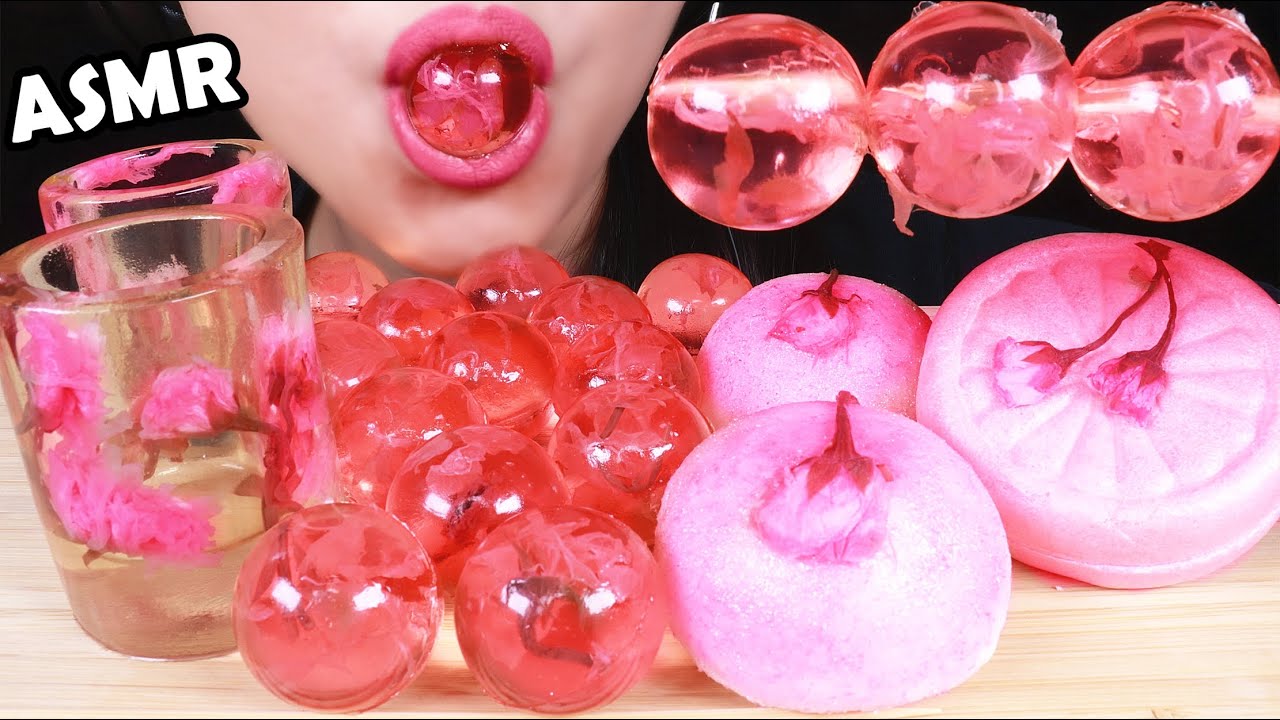 ASMR PINK FOOD EDIBLE FLOWER JELLY SHOT GLASS, MOCHI, MONAKA, 桜餅 ゼリー 大福を食べる音 젤리 먹방 咀嚼音 EATING SOUNDS