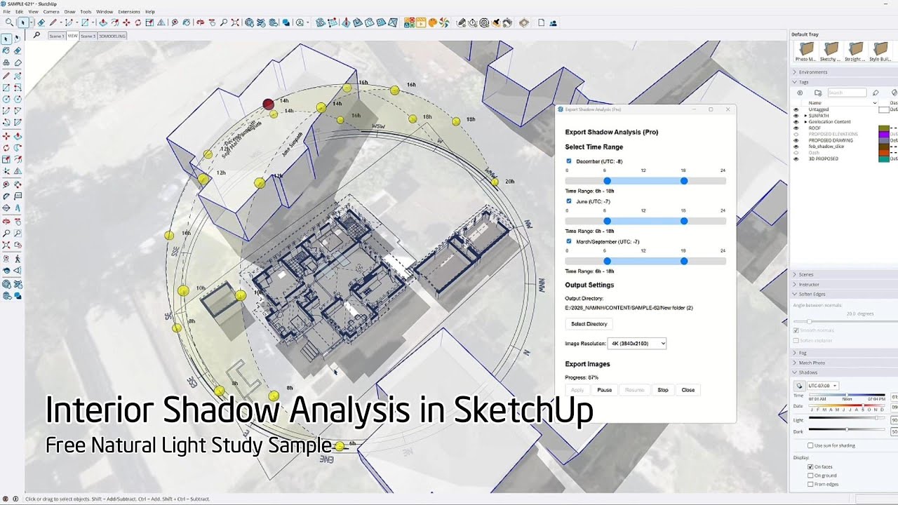 Анализ затенения в интерьере в SketchUp: бесплатный пример исследования естественного освещения
