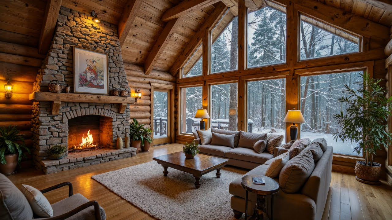 Cozy Cabin Ambience with Crackling Fire and Snowy Forest Views ❄️ Winter Relaxation Sounds