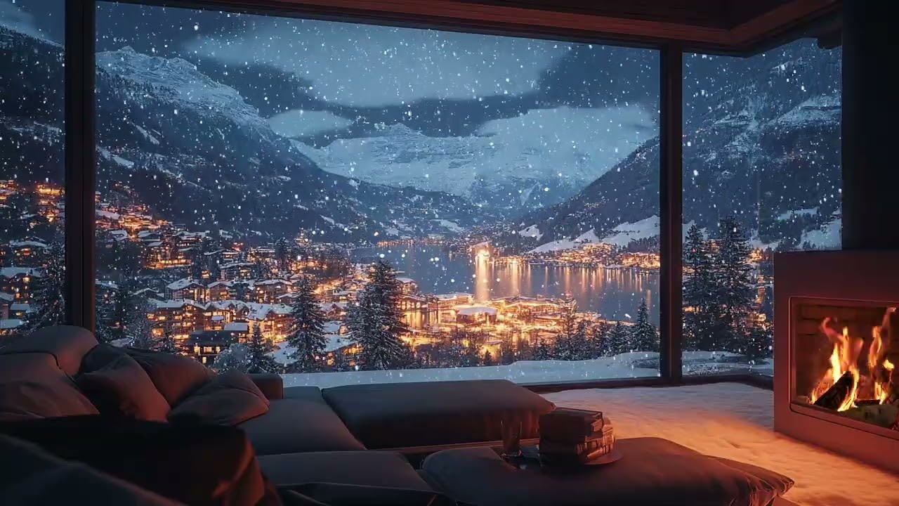 Tranquil Winter Night by a Snowy Mountain Lake ❄️ Soft Snowfall Ambience & Cozy Fireplace