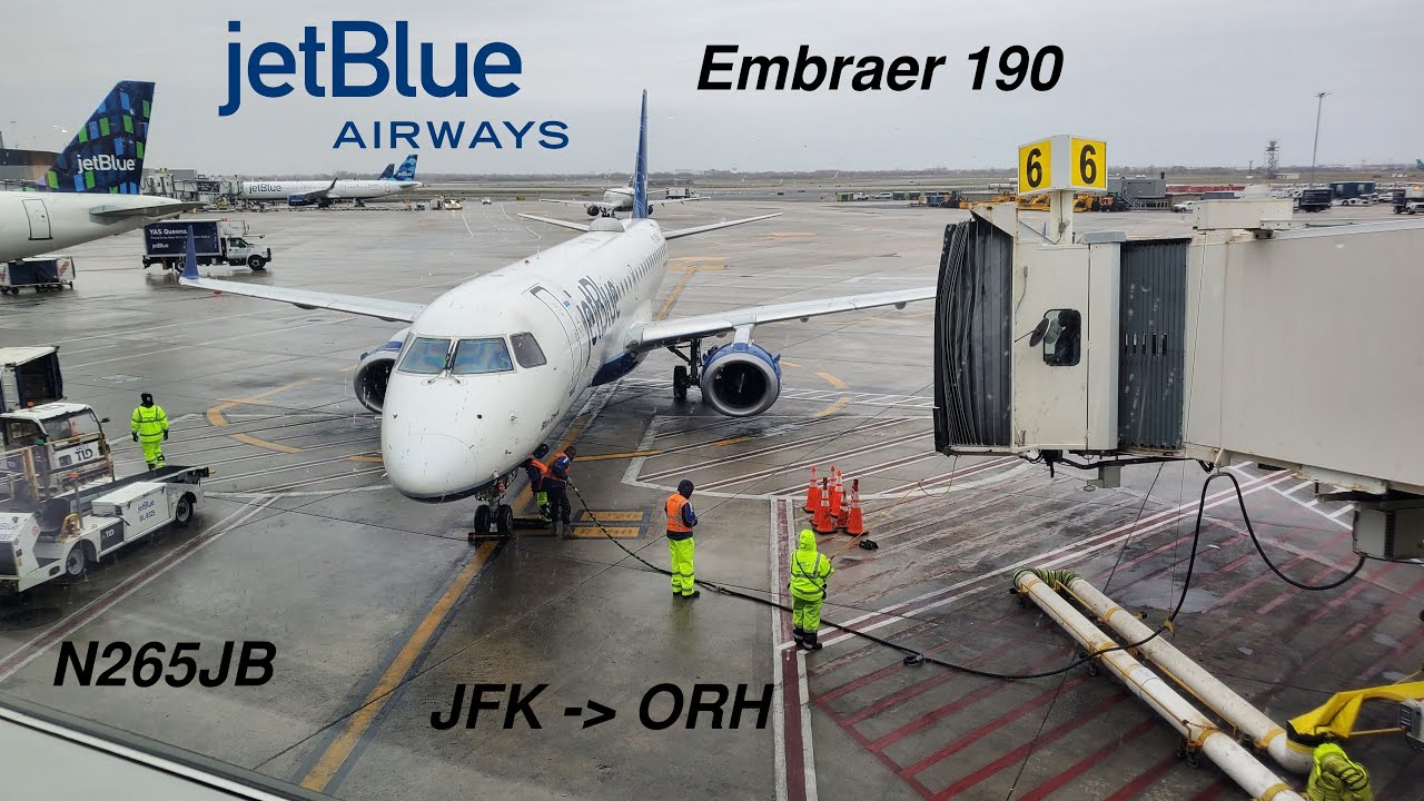 Rainy JetBlue E190 (N265JB) Pushback, Engine Start, Taxi, and Takeoff from New York - JFK 11.27.22