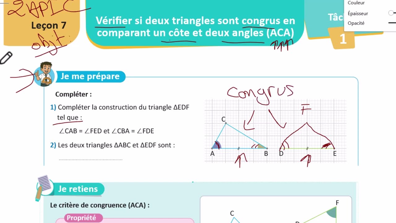 2apic-objectif: Vérifier si deux triangles sont congrus en comparent un cote et deux angles (ACA)