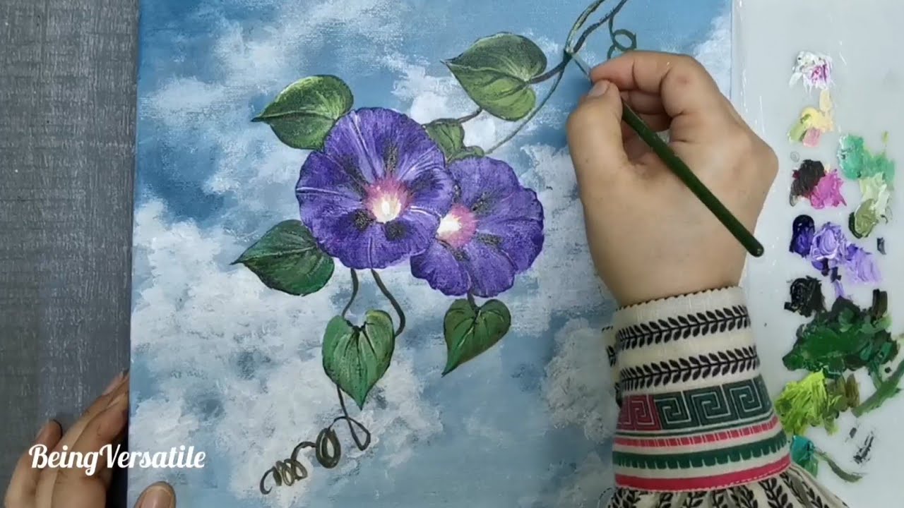 How to Paint Clouds & Purple Morning Glory Flower ||Step-by-Step Acrylic Painting For Beginners