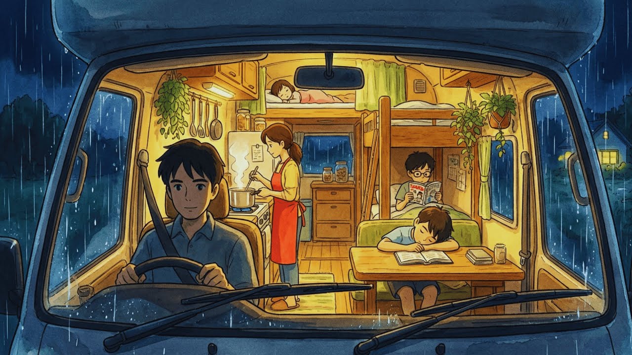 Traveling by Car During the Rainy Season ⛈️ A Family Night | Ghibli Style