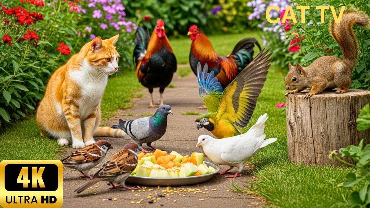 Calming Videos for Cats 😸 Peaceful Garden Birds & Curious Squirrels 🐿️ | 4K HDR