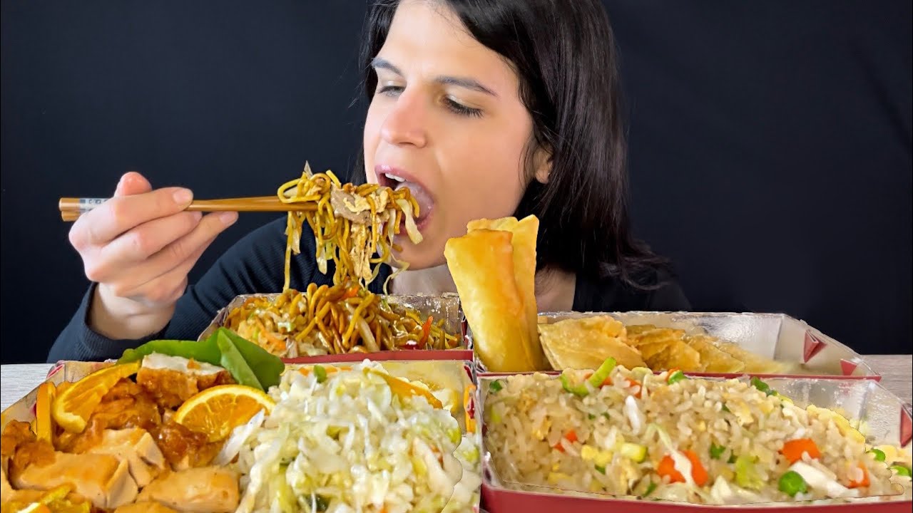 CHINESE TAKEOUT | SPRING ROLLS CHEESE WONTON ORANGE CHICKEN NOODLES EGG FRIED RICE | MUKBANG | ASMR