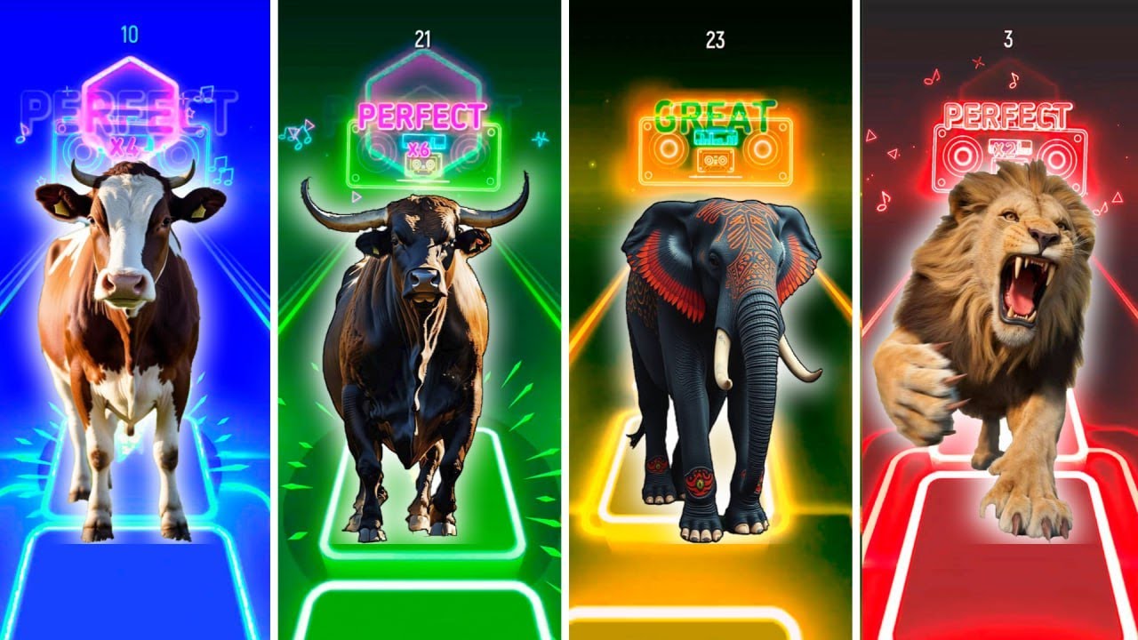 Tiles Hop Animals Challenge 🐄🐂🐘🦁 | Cow vs Bull vs Elephant vs Lion | Perfect Beats