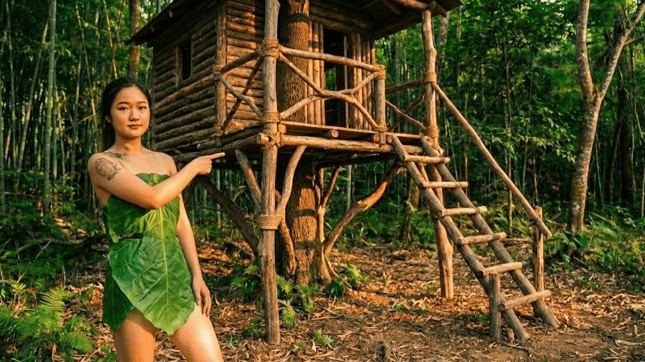 Girl Living Alone in the Jungle Building a Tree Shelter to Sleep Above Ground (ASMR)