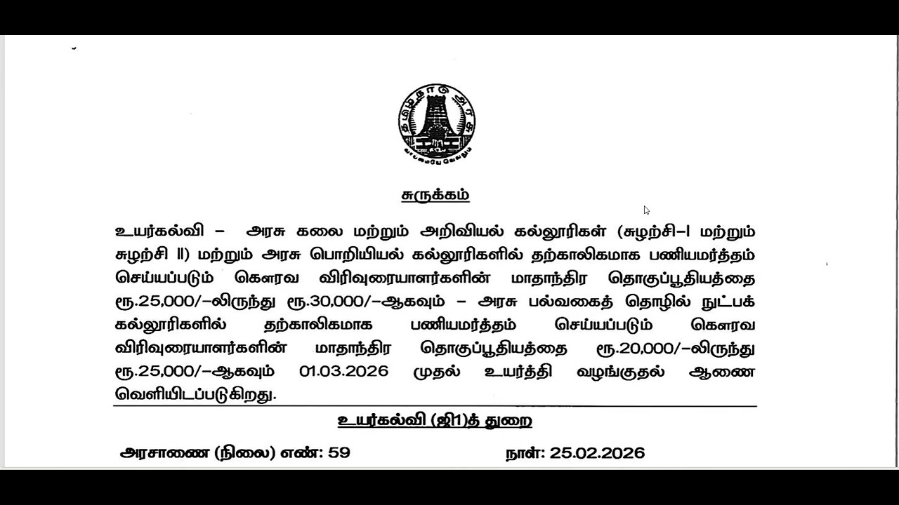 தமிழக அரசு - GOVERNMENT COLLAGES - TEMPORARY  GUEST LECTURER -  SALARY INCREASE -  அரசாணை வெளியீடு