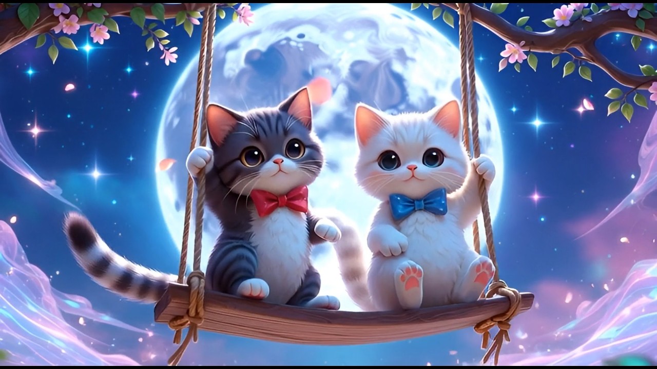 🌙🐱 Sweet Kittens Swinging Under the Moon | Relaxing Music Box for Deep Baby Sleep💤