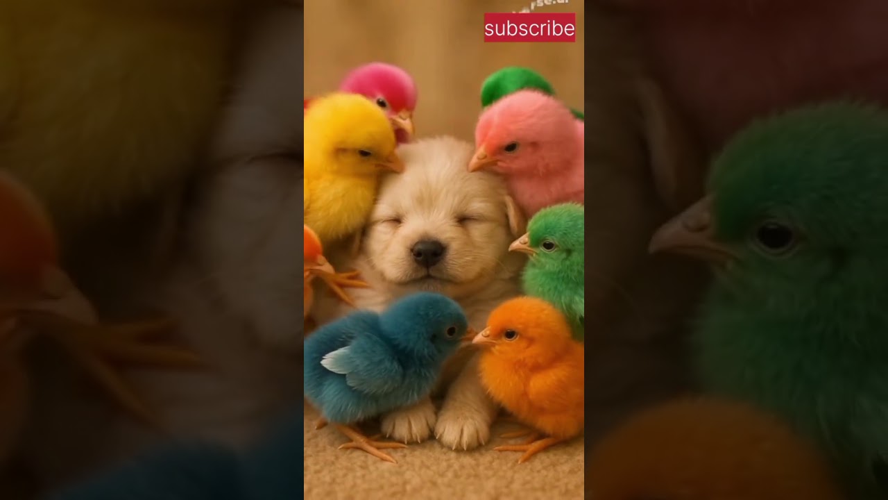 Peaceful Puppy Surrounded by Colorful Chicks