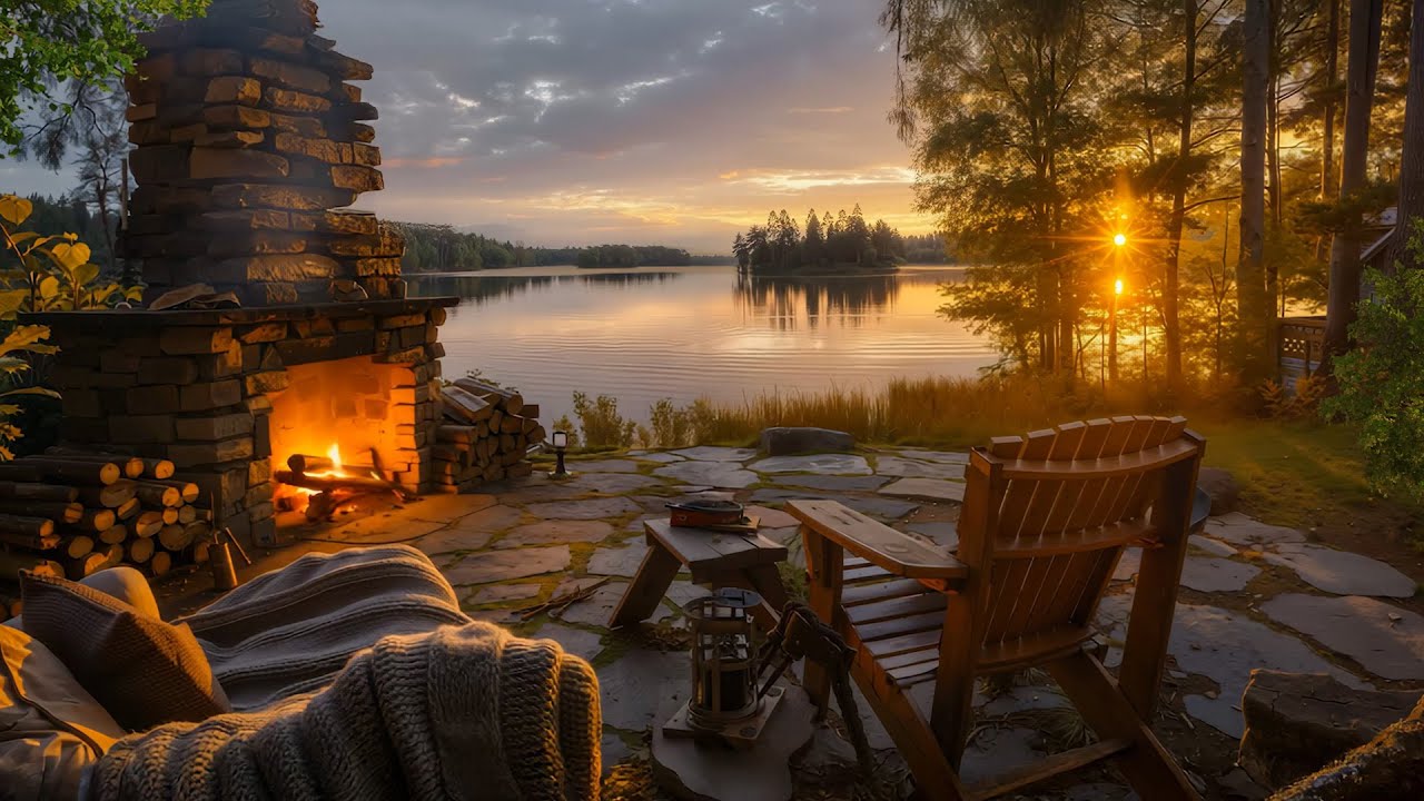 Golden Hour by the Lake | Peaceful Fireplace Ambience with Birdsongs and Lakeshore Sounds