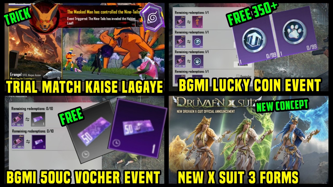 BGMI NARUTO TRIAL MATCH KAISE LAGAYE / BGMI FREE LUCKY COIN EVENT / NARUTO NEW X SUIT 50 UC VOUCHER