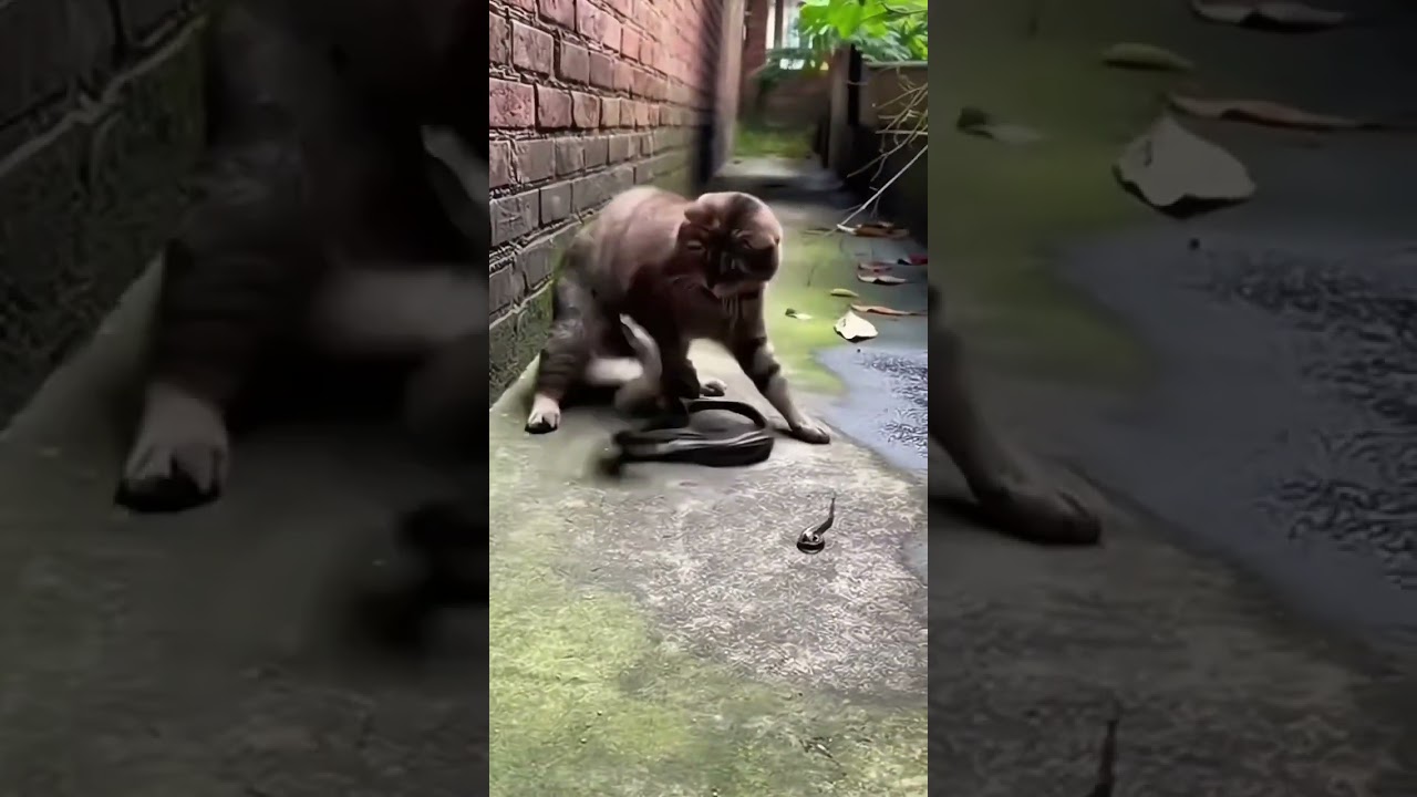 A snake appeared! The cat's reaction was hilarious! 