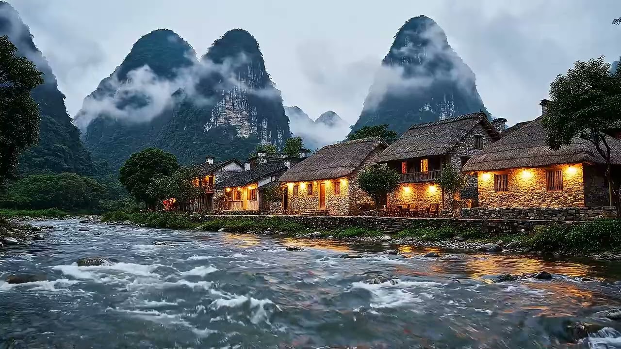 Cozy Evening Village Ambience with Rushing River Sounds for Deep Sleep