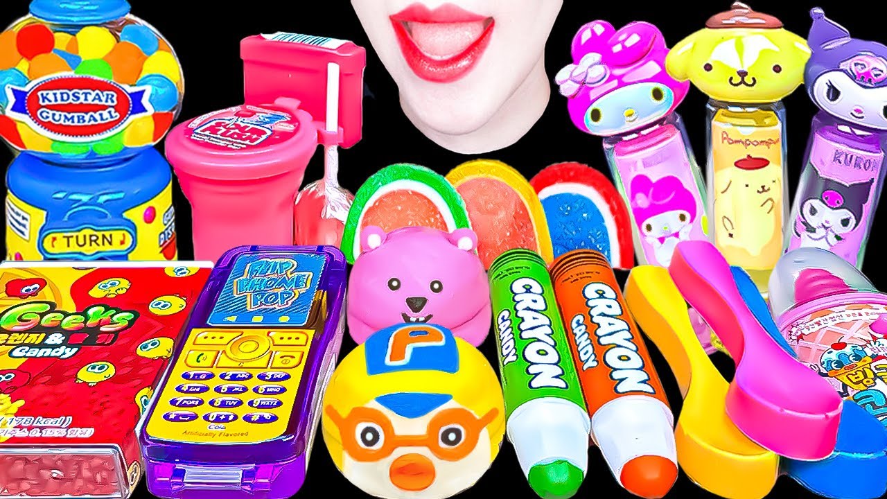 ASMR CANDY MUKBANG 무지개 먹방 PORORO CAKE WATERMELON JELLY LIPSTICK SPOON CANDY 뽀로로 케이크 수박 젤리 립스틱 EATING