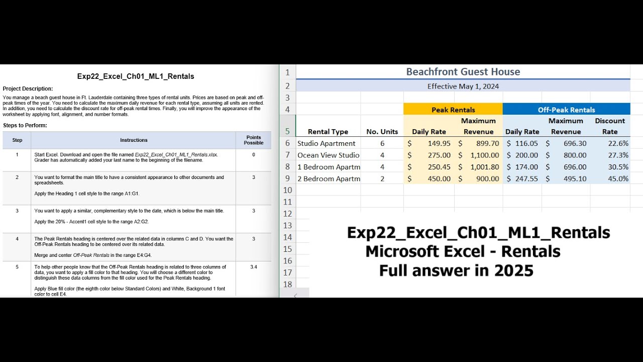 Exp22_Excel_Ch01_ML1_Rentals | Excel Chapter 1 Mid-Level 1 - Guest House Rental (Full answer 2025)