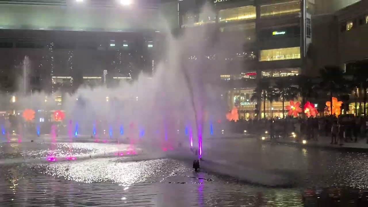 KLCC Petronas Twin Tower Musical Fountains, KLCC Park, Suria Mall KLCC, showtimes are 8pm, 9pm &10pm