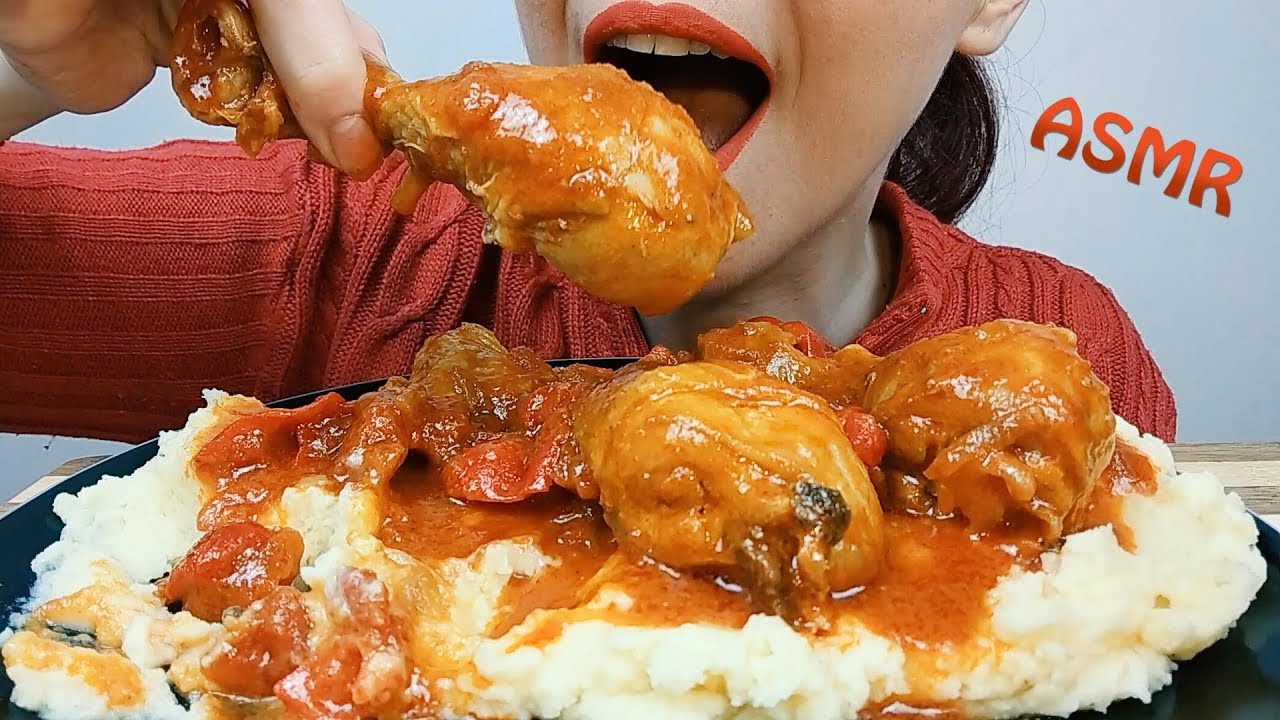 ASMR eating: Chicken Thighs Marinara & Mashed Potatoes | No Talking