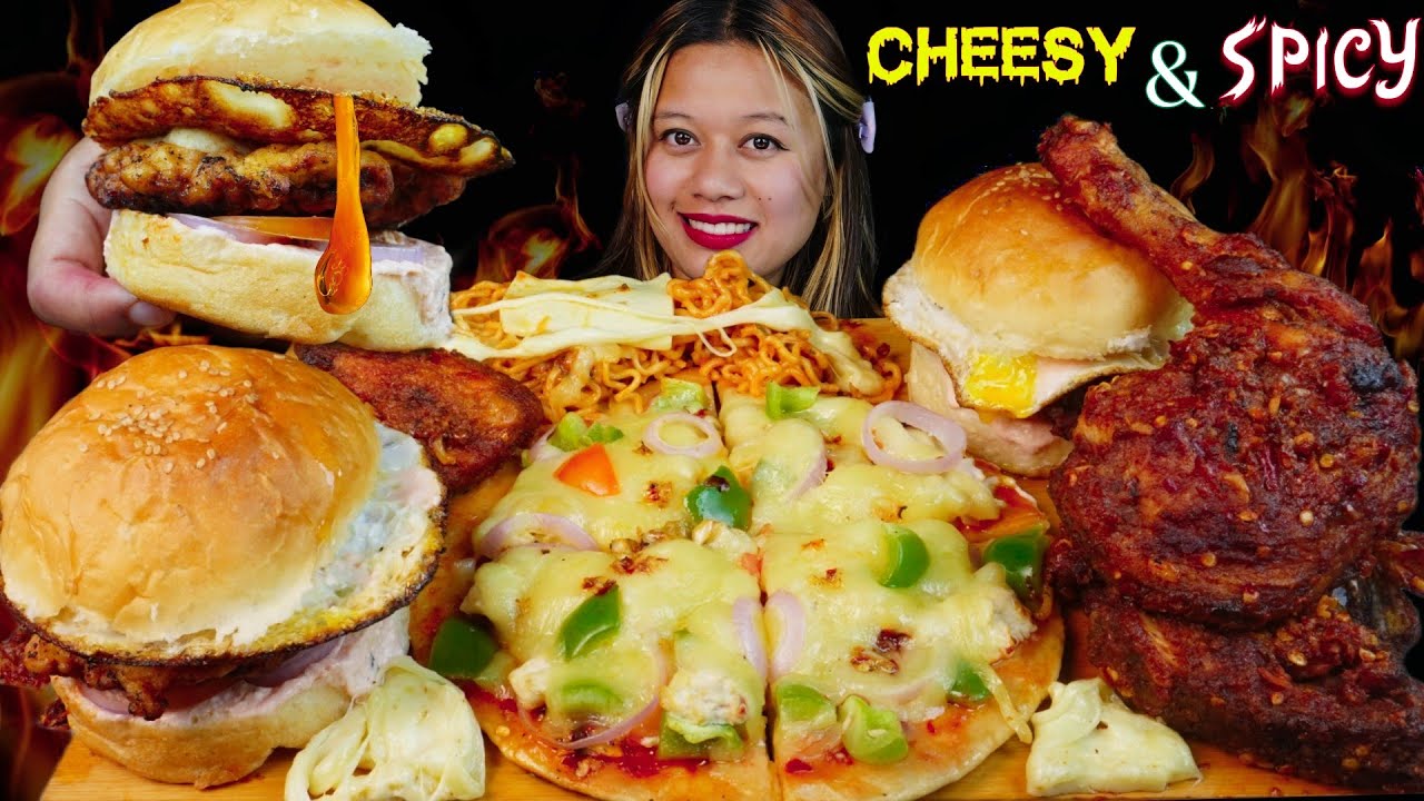 HOMEMADE CHEESE PIZZA, CHICKEN BURGER,SPICY HOT CHICKEN,NOODLES MUKBANG ASMR||CHEESY SPICY MUKBANG 🔥