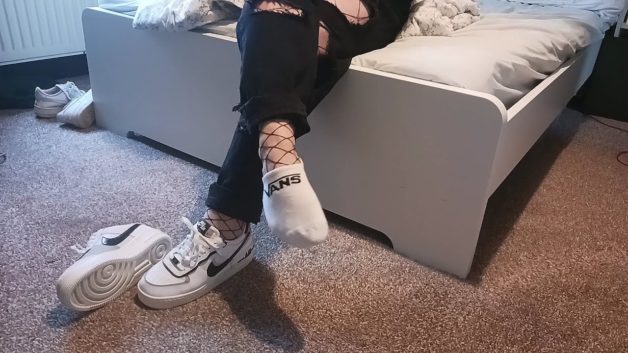 Goth Girl Jumping on Bed in Nike AF1s and Vans Ankle Socks