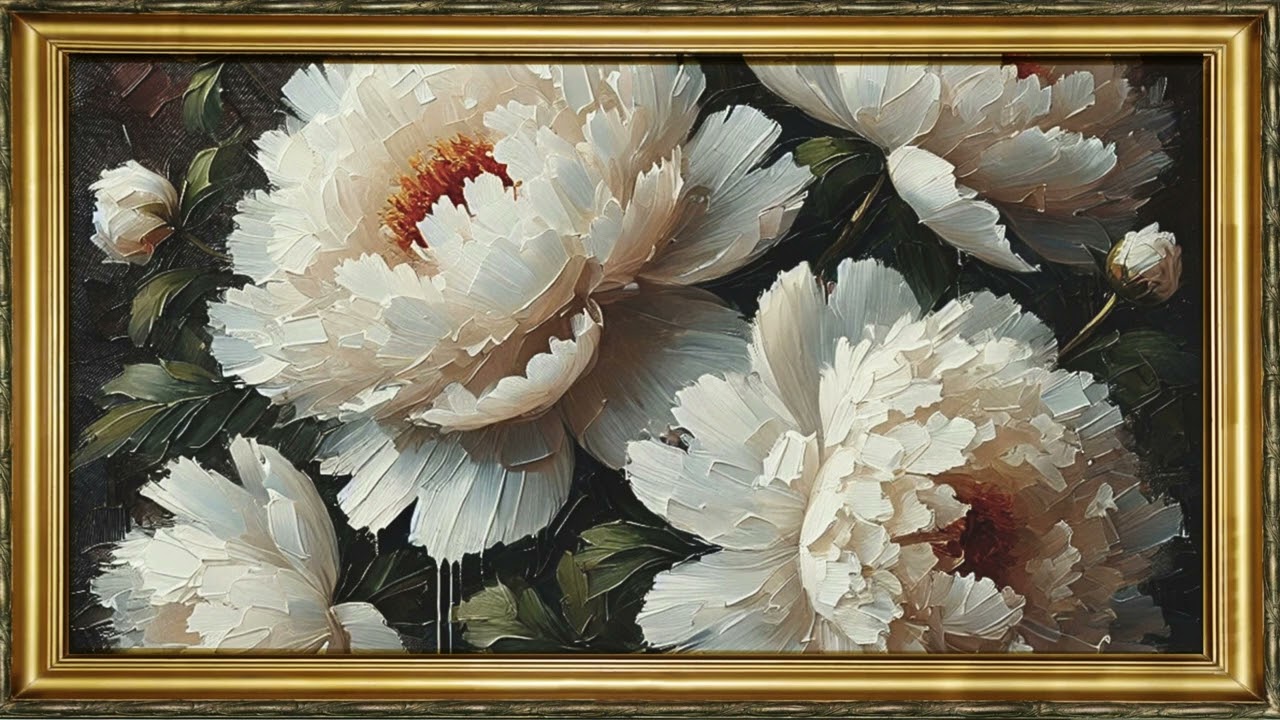 FREE TV ART CALMING SCREENSAVER BACKGROUND FRAMED PEONIES FLORAL PAINTING NO SOUND WALLPAPER 4K