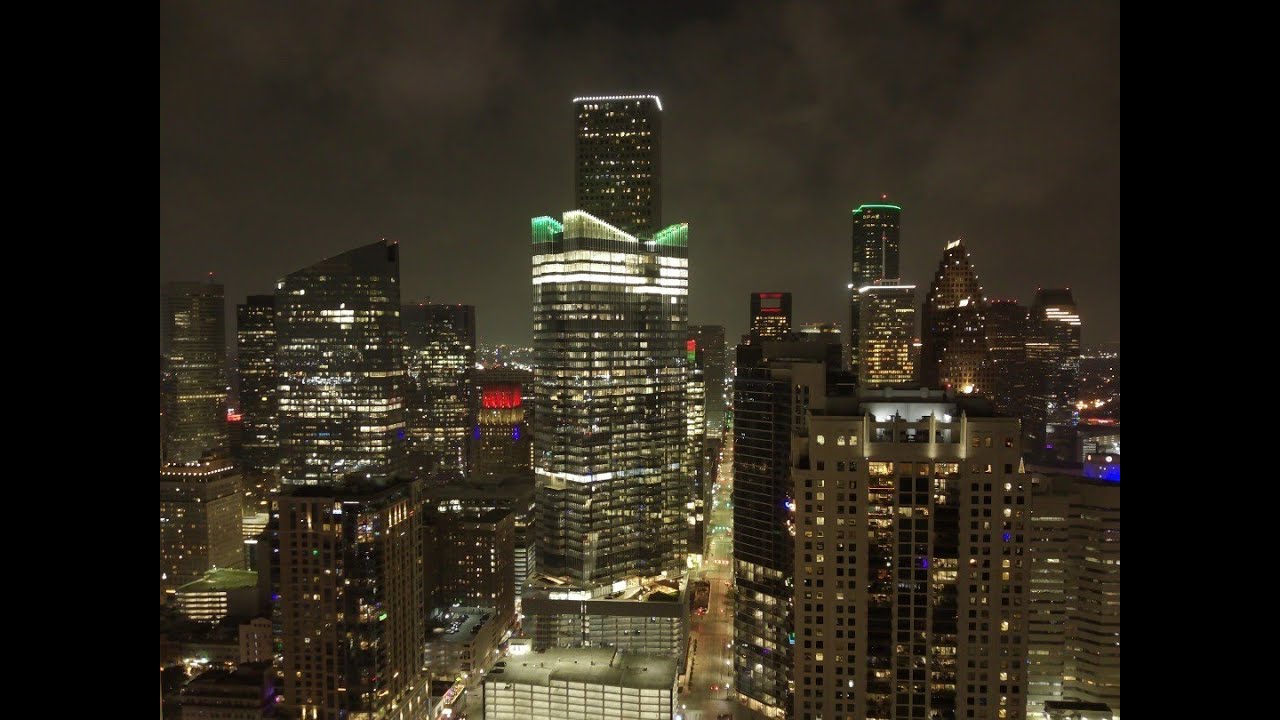 Over Downtown Houston Texas On New Year's Eve (4K Drone)