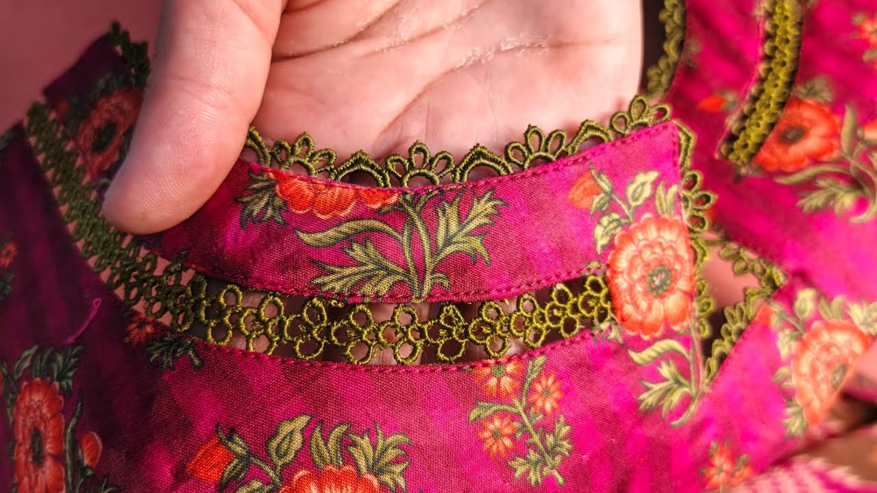 Latest neck design cutting and stitching with joint lace