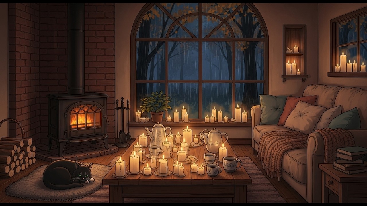Rainy Night Cabin with Fireplace 🌧️🔥 Calm Lofi Beats for Study, Focus & Relax