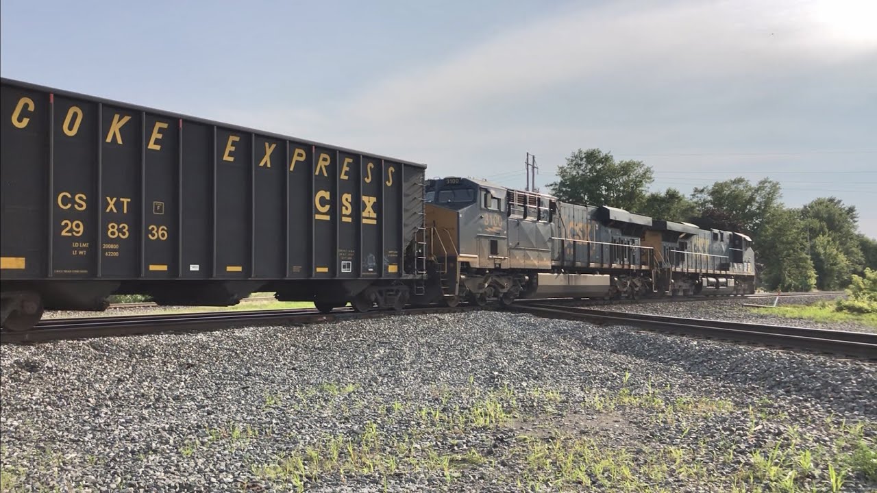 BIG Coke Train Thunders Over The RR Diamond!  CSX Intermodal Speed Check & DPU Locomotives Greenwich