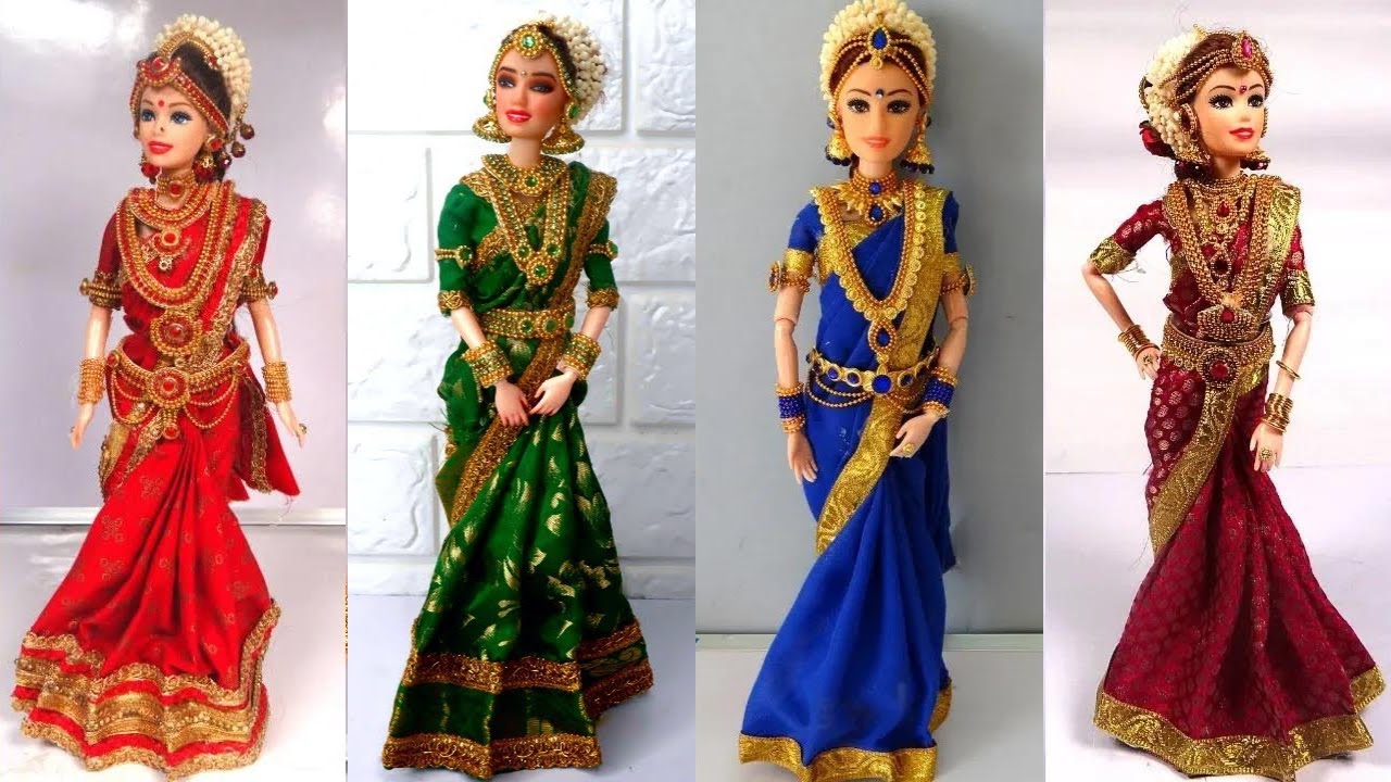 How to make doll saree - south Indian Barbie doll bridal saree making with jewelleries