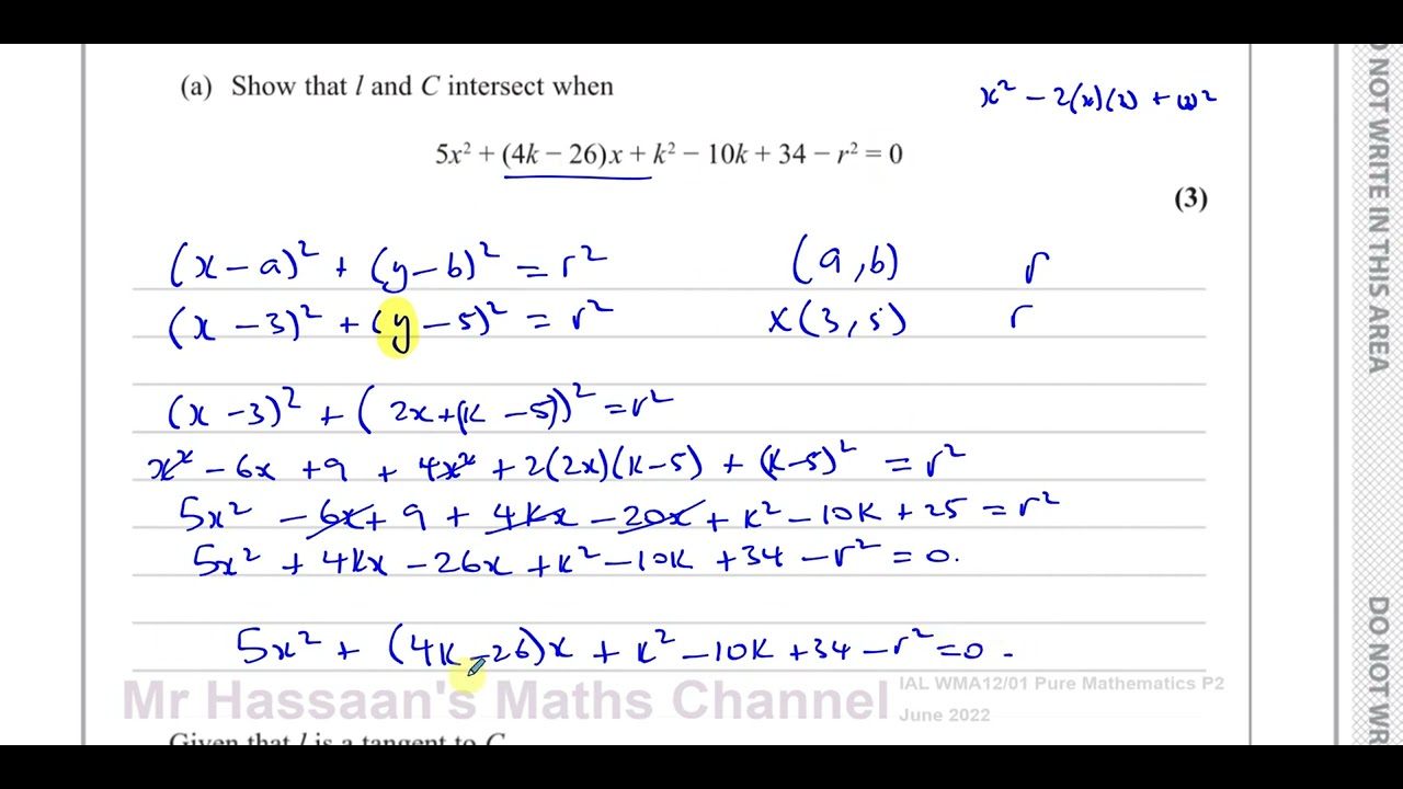 WMA12/01, IAL, (Edexcel), P2, июнь 2022 г., Q10 Уравнения окружностей, касательные, дискриминант
