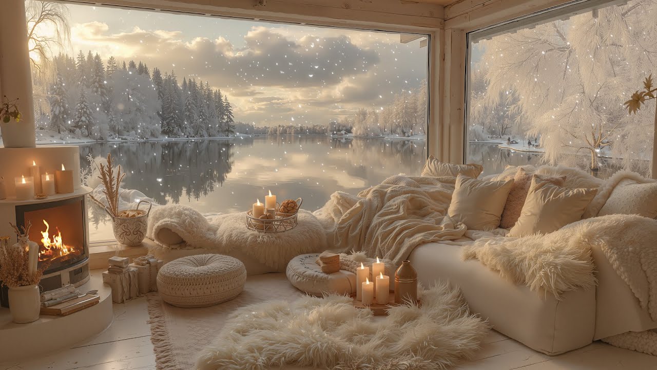 Quiet Winter Afternoon at a Lakeside Cabin ❄️Calm Piano & Cozy Fireplace Sounds for Relaxation