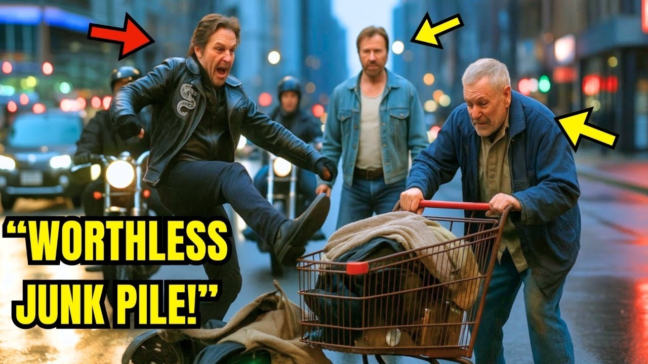 Biker Gang Kicks Over a Homeless Man’s Cart, Until Chuck Norris Knocks Them Over Hard